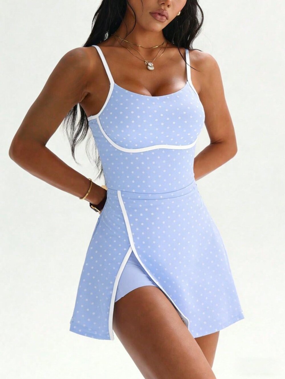 Blue Spaghetti Strap Polka Dot Women's Golf Dress with Detachable Shorts - Picture 4 of 6